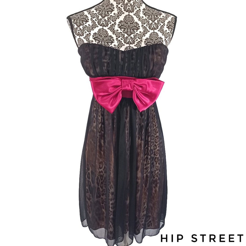 TEEZE ME Dress Chiffon Over Leopard Print High Waist Bow Strapless Party M